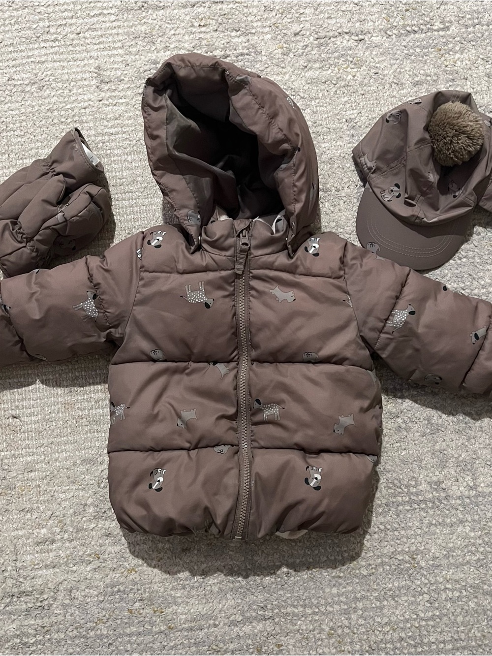 H&M Toddler Tan Doggie Puffer Jacket with accessories